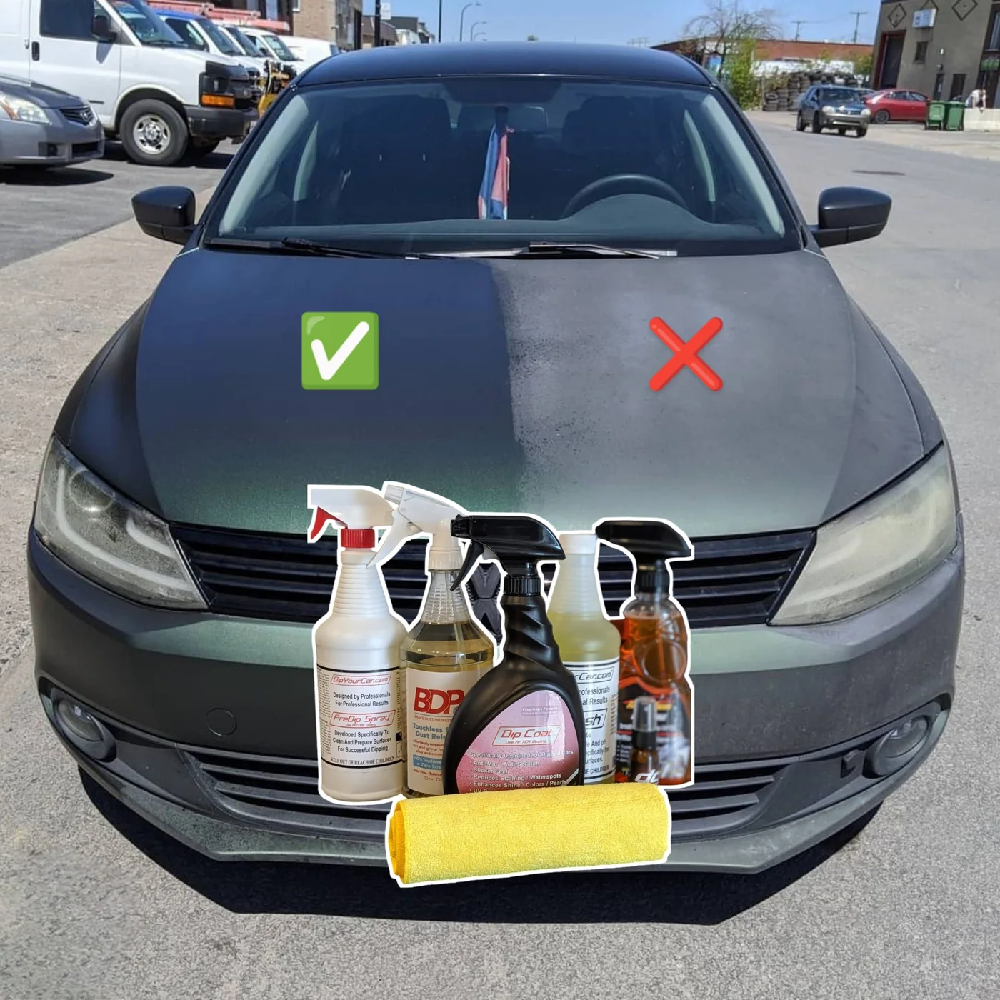 Jetta verte : moitié sale, moitié lavée avec les produits d'entretien Xtreme Dip